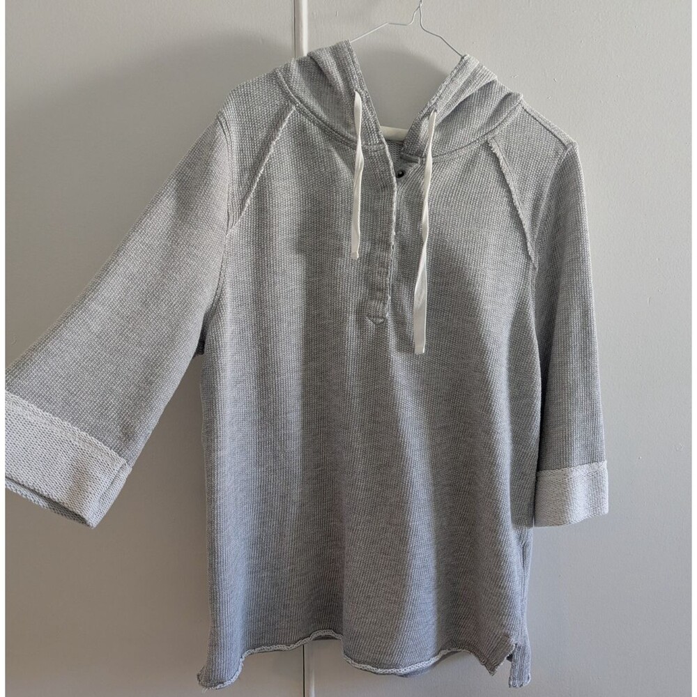 Soft Surroundings Sweatshirt Womens L Grey Just Beachy Henley Hoodie Terry Cloth
